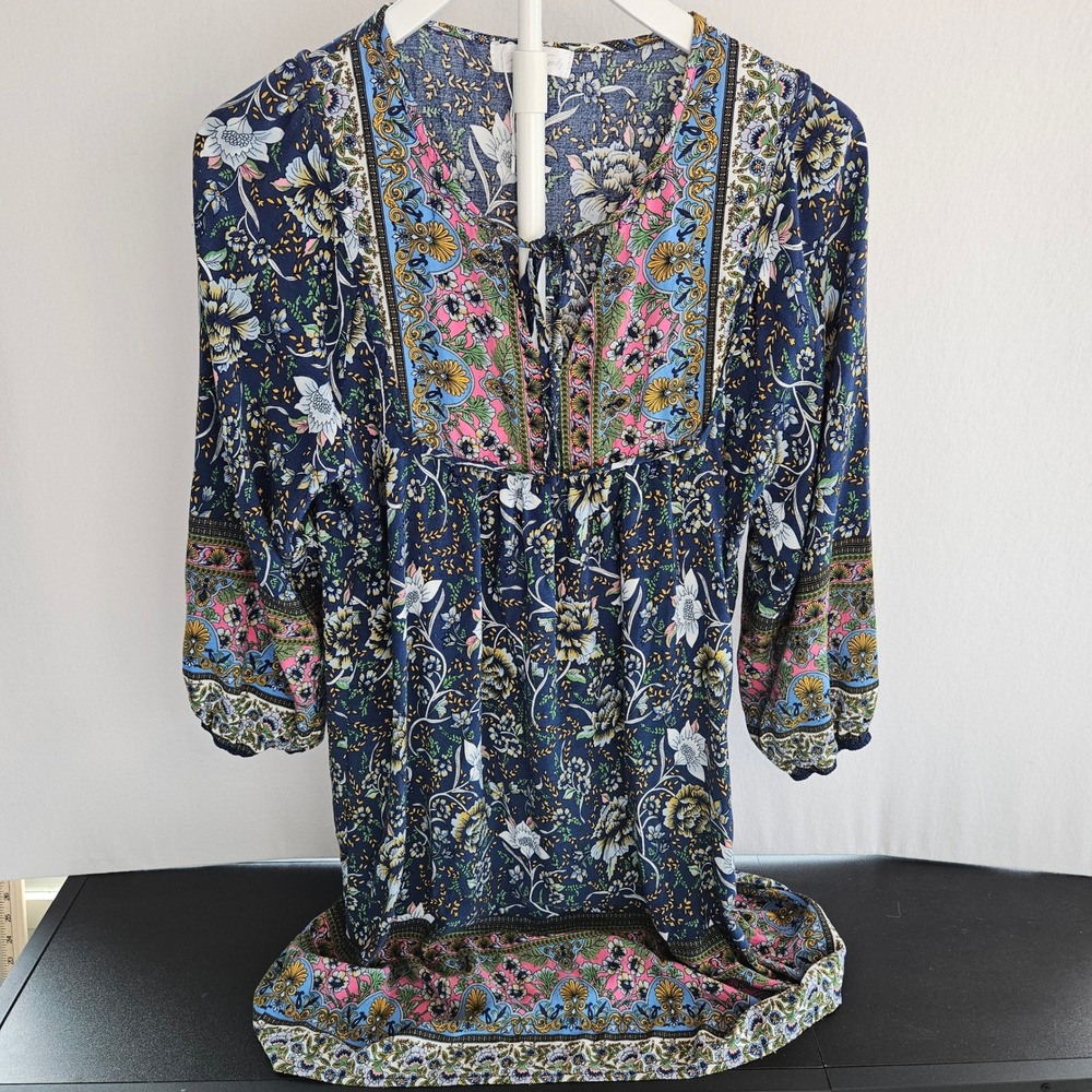 Buddha Trends Floral Boho Tunic Top Dress Blue Pink Whimsy‎ Fairycore Small